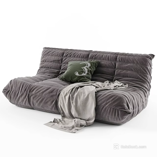 Gray Velvet Sectional Sofa With Green Pillow And Gray Blanket 3d model 