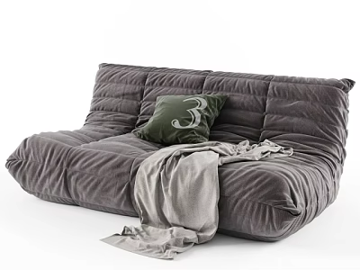 Gray Velvet Sectional Sofa With Green Pillow And Gray Blanket 3d model
