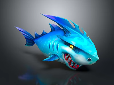 Blue Spiked Shark Game Movie Character with Yellow Eyes and Red Sharp Teeth 3d model