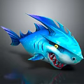 Blue Spiked Shark Game Movie Character with Yellow Eyes and Red Sharp Teeth