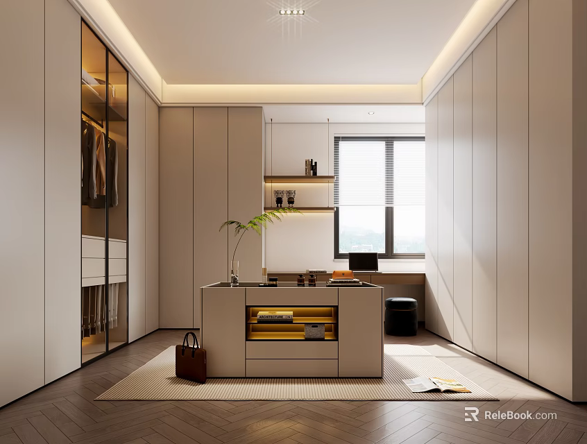 Modern Walk in Closet Interior Design With Mirrored Doors Dressing Console And Natural Light Window 3d model 