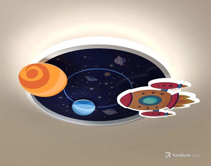 Space Themed Ceiling Light with Colorful Planets Rocket and Stars Design 3d model