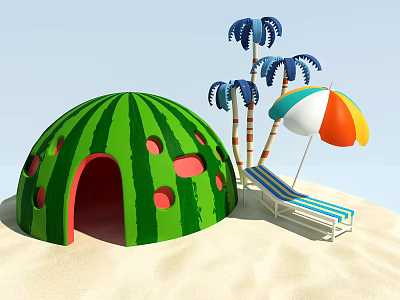 Fun Beach Scene With Watermelon Shaped Hut Palm Trees And Colorful Umbrella Deck Chair 3d model