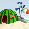 Fun Beach Scene With Watermelon Shaped Hut Palm Trees And Colorful Umbrella Deck Chair