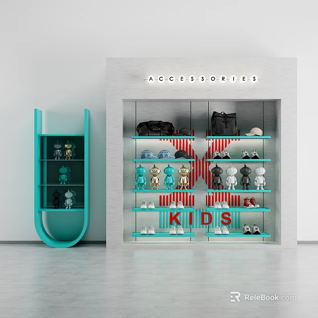 Clothing Store Kids Accessories Display With Bags Shoes Figurines And Shelves 3d model 