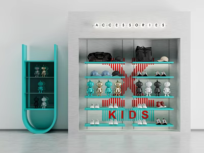 Clothing Store Kids Accessories Display With Bags Shoes Figurines And Shelves 3d model