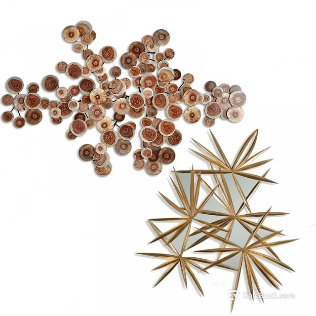 Brown Circular Wooden Pieces and Gold Star Shaped Mirrored Wall Decor 3d model 