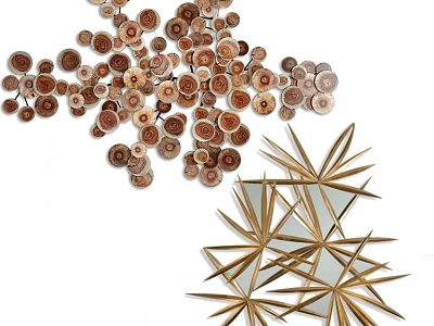 Brown Circular Wooden Pieces and Gold Star Shaped Mirrored Wall Decor 3d model