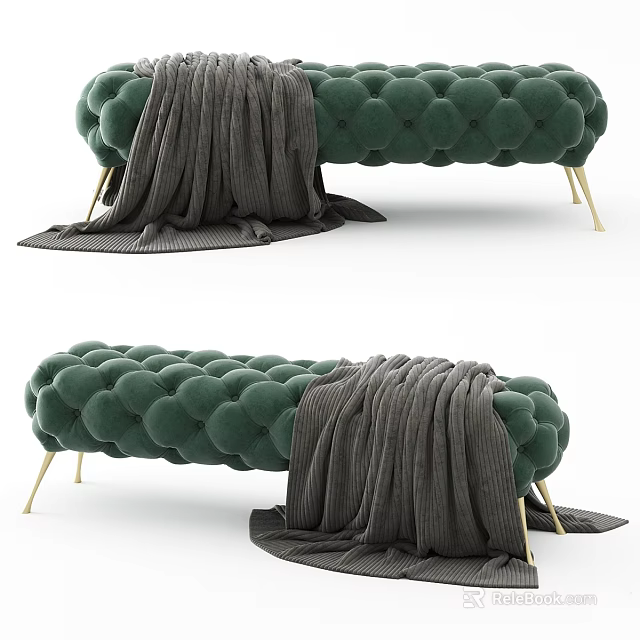 Plush Green Tufted Ottoman With Gold Legs And Gray Throw Blanket 3d model 