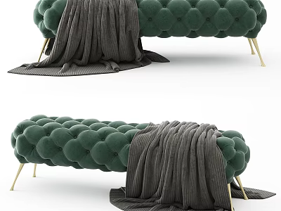 Plush Green Tufted Ottoman With Gold Legs And Gray Throw Blanket 3d model