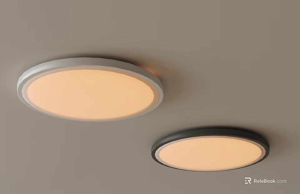 Two Round Ceiling Lights With Silver Black Frames Shining Warm Yellow Light On Grey Ceiling 3d model