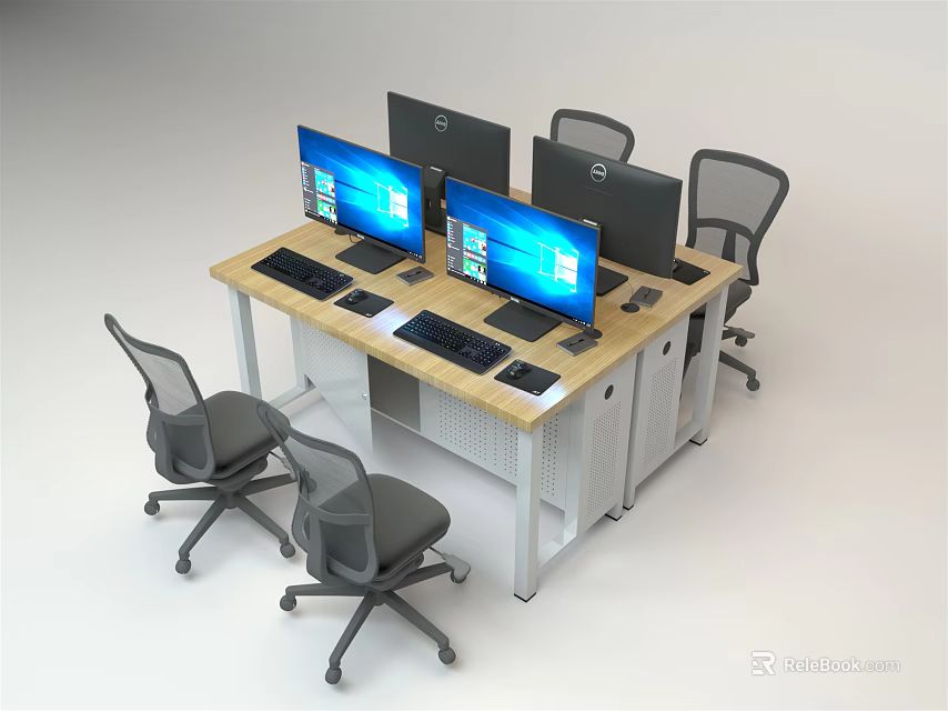 Modern Office Desk With Multiple Monitors Ergonomic Chairs And Computer Gear 3d model 