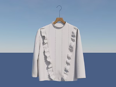 White Ruffle Detailed Blouse With Long Sleeves Round Neck Hanging On Wooden Hanger 3d model