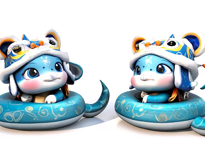 Cute Blue Cartoon Mascot Figurines With Decorative Hats And Round Bases 3d model