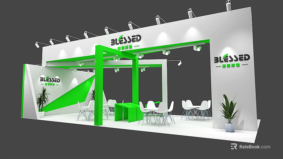 Blessed Brand Exhibition Booth With Green White Design Tables Chairs And Plants 3d model 