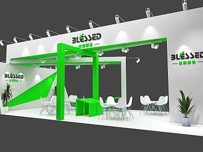 Blessed Brand Exhibition Booth With Green White Design Tables Chairs And Plants 3d model