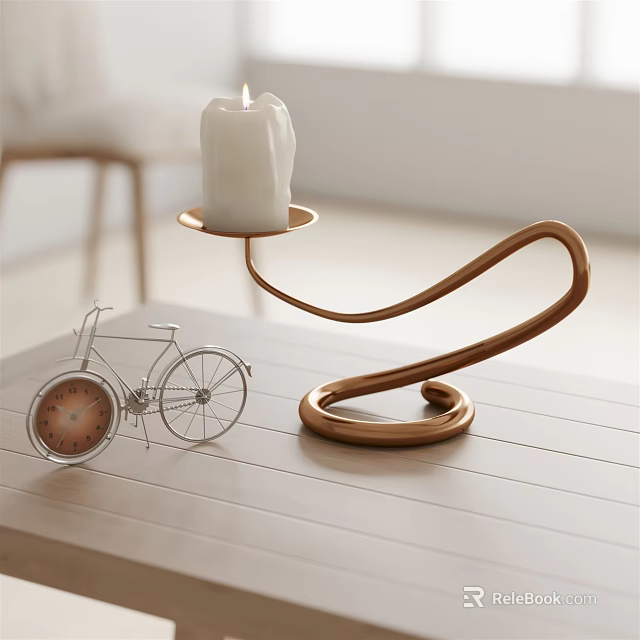 Copper Curved Candle Lamp With White Candle Small Bicycle Model On Light Wooden Tabletop 3d model 