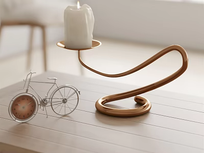 Copper Curved Candle Lamp With White Candle Small Bicycle Model On Light Wooden Tabletop 3d model