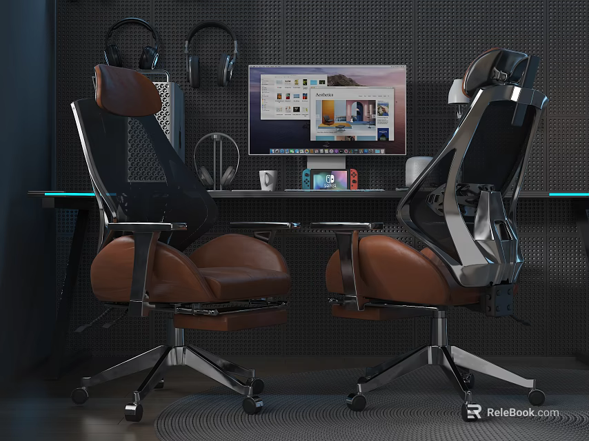 Modern Gaming Desk Setup With Computer Monitor Ergonomic Chairs And Headphones 3d model 