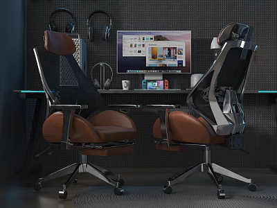 Modern Gaming Desk Setup With Computer Monitor Ergonomic Chairs And Headphones 3d model
