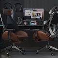 Modern Gaming Desk Setup With Computer Monitor Ergonomic Chairs And Headphones