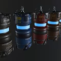 Various Military Grenades With Blue Glowing Elements And Labels Including SHOCK ICEX MODERN CLASSIC