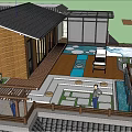 Rooftop Garden with Sunset View Outdoor Furniture Pine Trees Wooden Deck and Water Features