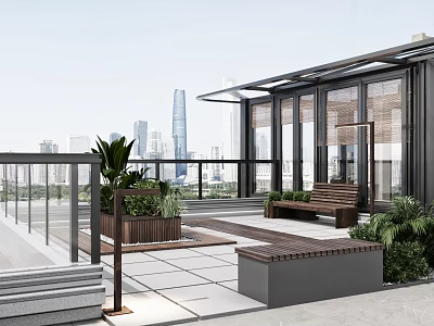 Modern Rooftop Garden With Glass Structure Wooden Bench Green Plants And City Skyline View 3d model