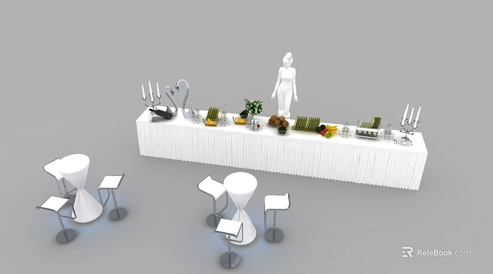 Stylish Bar Stools With Small Round Tables And White Long Table Decorations Plants Candlesticks 3d model
