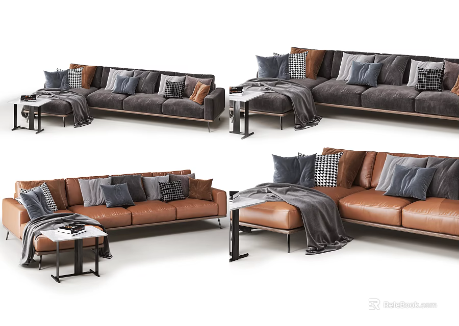 Modern Sectional Sofa in Gray and Brown with Pillows Throw Blanket and Side Table 3d model