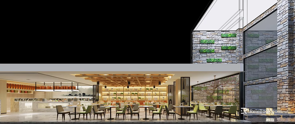 Contemporary Restaurant Interior Featuring Wooden Ceiling Green Chairs Dining Tables And Plant Decorations 3d model 