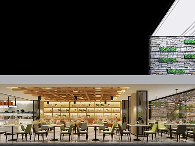 Contemporary Restaurant Interior Featuring Wooden Ceiling Green Chairs Dining Tables And Plant Decorations 3d model