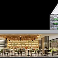 Contemporary Restaurant Interior Featuring Wooden Ceiling Green Chairs Dining Tables And Plant Decorations
