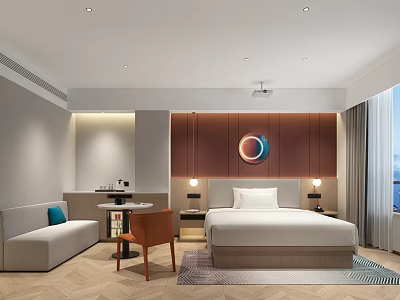 Elegant Modern Hotel Room Interior With King Bed Circular Wall Decor And Sofa Area 3d model