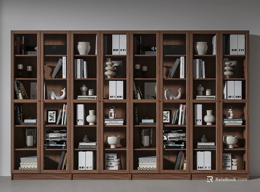 Modern Wooden Modular Bookcase With Books Folders Vases And Decorative Items 3d model 