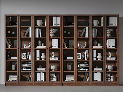 Modern Wooden Modular Bookcase With Books Folders Vases And Decorative Items 3d model