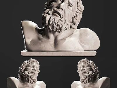 Greek Style Bearded Male Marble Bust Sculpture with Detailed Expressions on Pedestal 3d model