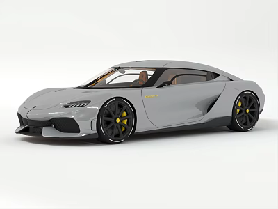 Gray Aerodynamic Sports Car With Black Wheels Yellow Brake Calipers And Brown Seats 3d model