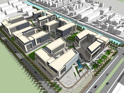 Modern Office Building Complex With Green Landscaping Waterfront And Plaza Area 3d model
