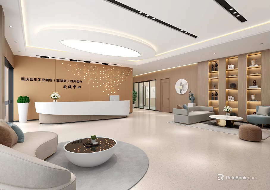 Modern Office Building Lobby Interior With Reception Desk And Seating Area 3d model 