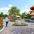Tropical Resort Hotel Building With Red Tiled Roofs Multiple Pools And Lush Gardens