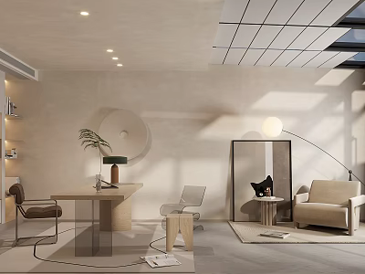 Minimalist Study Room With Simple Furniture And Greenery 3d model