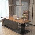 Contemporary Solid Wood Office Desk With Brown Leather Chair For Comfortable Elegant Home Working Space