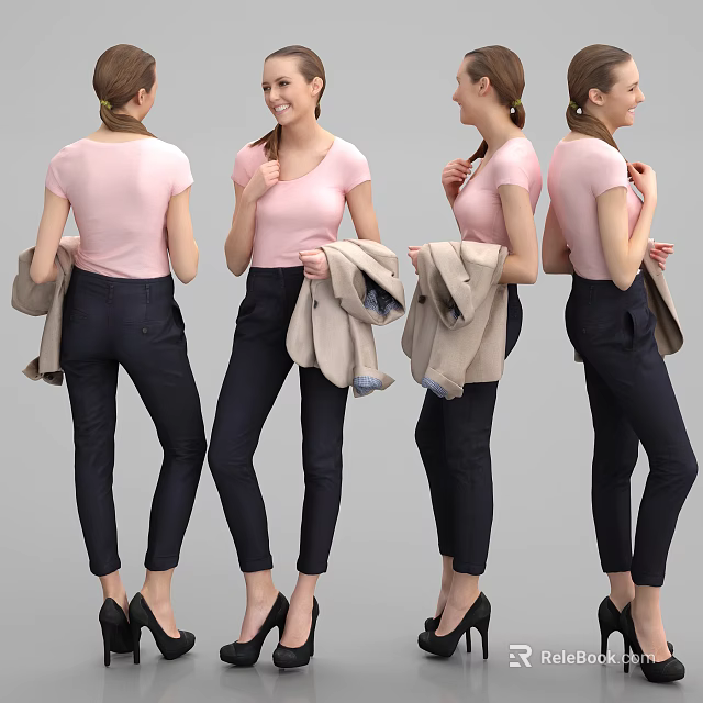 Woman in Pink Short Sleeve Top and Dark Pants Holding Beige Coat from Multiple Angles 3d model 
