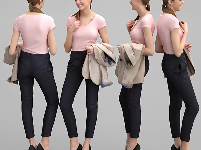 Woman in Pink Short Sleeve Top and Dark Pants Holding Beige Coat from Multiple Angles 3d model