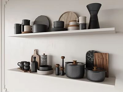 Modern Minimalist Kitchenware Display On White Shelves With Black Gray Wooden Pots Bowls Plates 3d model