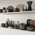 Modern Minimalist Kitchenware Display On White Shelves With Black Gray Wooden Pots Bowls Plates