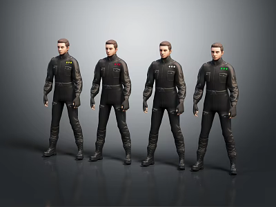 Four Male Characters In Black Uniforms With Distinctive Emblems Standing Side By Side 3d model