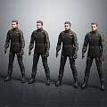 Four Male Characters In Black Uniforms With Distinctive Emblems Standing Side By Side