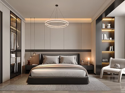 Modern Bedroom Interior Design With Platform Bed Round Chandelier Glass Wardrobe And Accent Chair 3d model